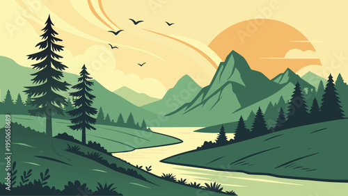 Colorful Sunset Mountain Lake River Landscape Vector Panorama