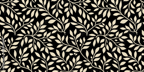 Elegant seamless pattern of beige leaves and branches on black