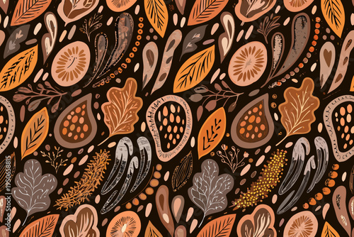 Autumn botanical illustration with stylized leaves and fruit slices