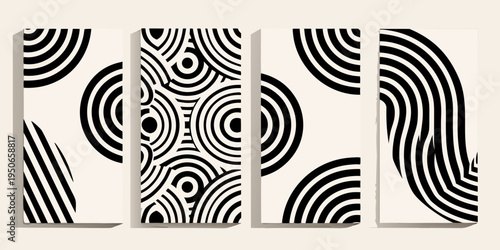 Abstract geometric art with repeating black and white optical illusion patterns