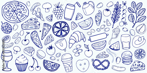 A blue line drawing displaying a variety of food items and ingredients