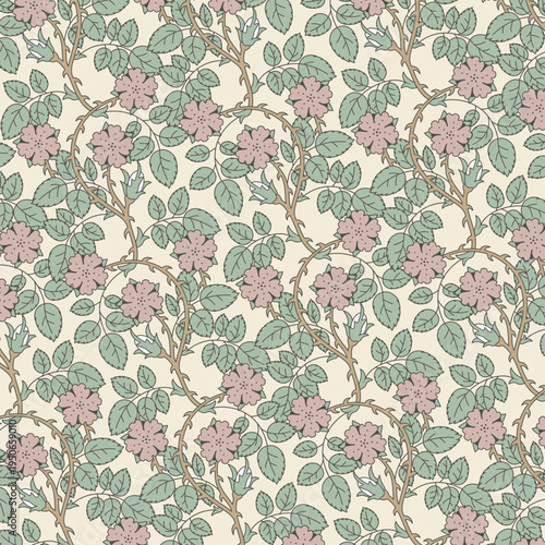 Calm Vintage Pattern Featuring Wild Rose Flowers.