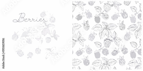 Botanical illustration of various berries and leaves in grayscale