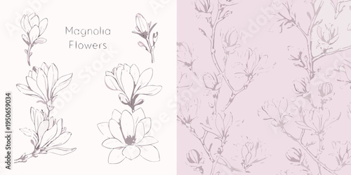 Delicate magnolia flower sketches and a subtle floral patterned background
