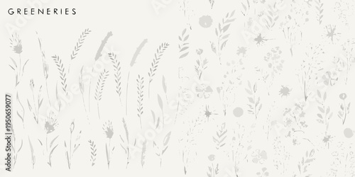 Delicate botanical illustration featuring various grasses and floral elements