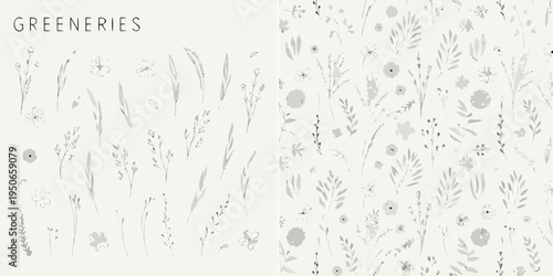 Delicate floral and botanical illustration in a repeating pattern