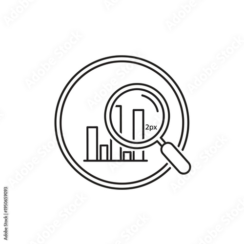 Magnifying glass over a bar chart within a circle, symbolizing data analysis and research.