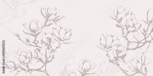 Delicate magnolia branches and blossoms in a muted pastel palette