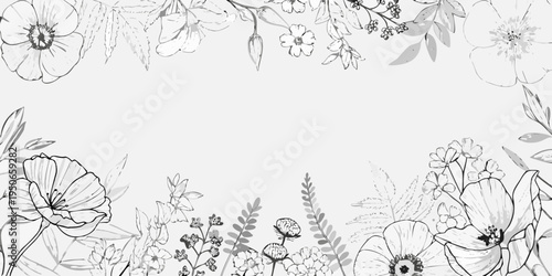 Delicate floral arrangement creates a botanical border in grayscale