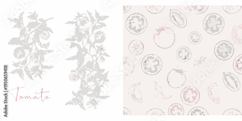 Botanical tomato illustration with repeating pattern on a pale background