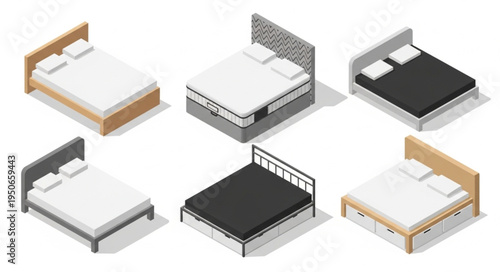Collection of six isometric beds with different designs.