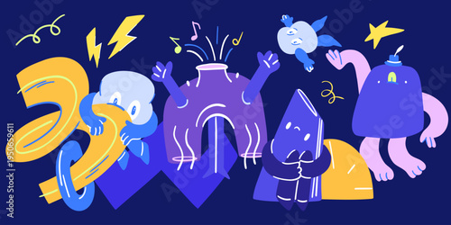 A rich composition with geometric expressive characters, monsters, singing, shyness, and playing ball.