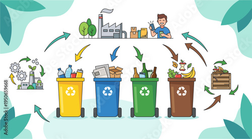 Flat design recycling process infographic with empty waste bins, compost, factory and consumer icons for sustainability