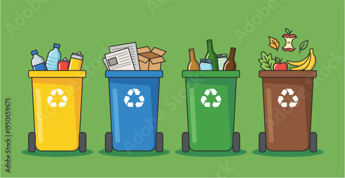 Four recycling containers with trash icons for environment protection on green background