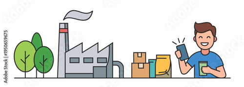 Manufacturing process and retail consumption concept icon set with factory building and happy consumer