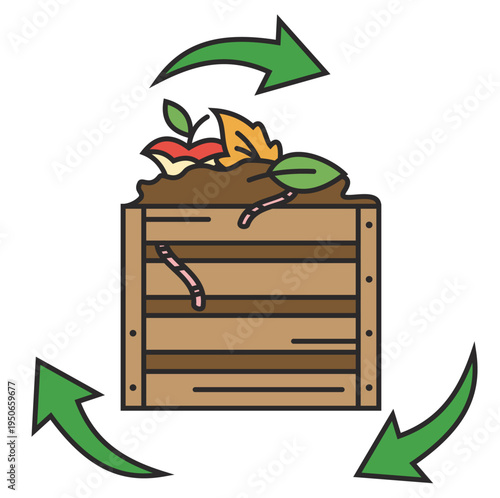 Organic waste recycling icon with compost bin and circular green arrows flat vector
