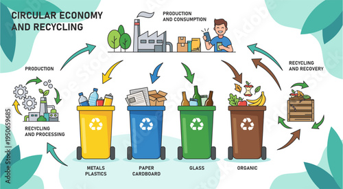 Circular economy and recycling infographic with waste sorting bins for metal, paper, glass and organic waste