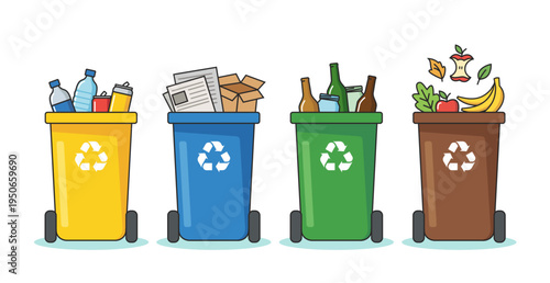 Set of four colorful recycling bins for waste segregation on white background flat vector illustration
