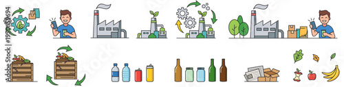 Recycling and circular economy icon set with factory, consumption, waste sorting, compost and organic materials