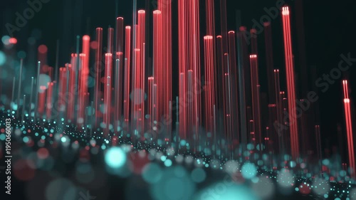 Dynamic red and blue data visualization with rising abstract bars in a futuristic digital space