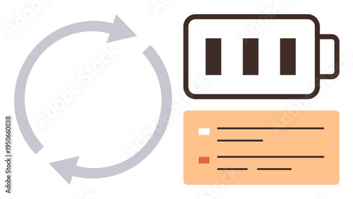 Sustainable energy, device charging, efficiency, power management, productivity, recycling concept. Circular arrow, battery icon and priority list. Energy sustainability and device charging