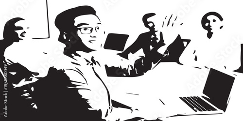 A middle-aged Asian man is giving a lecture to the audience. in black and white, eps 10