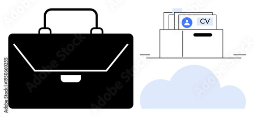 Career management concept. A business briefcase, a box of CVs, and cloud storage highlight career management, HR practices, and cloud integration. Ideal for HR, recruitment, career planning data