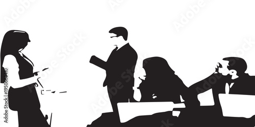 A middle-aged Asian man is giving a lecture to the audience. in black and white, eps 10