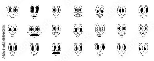 Set of 18 cute cartoon comic faces with various expressions and emotions. Outline vector illustrations on white background.