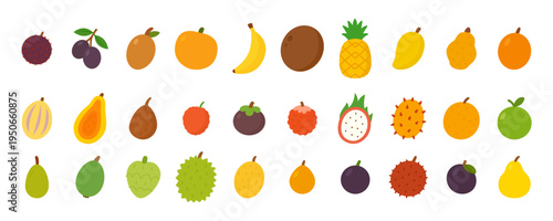 Tropical fruits icon collection. Flat tropical and exotic food isolated on white background