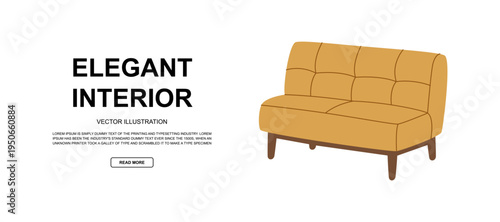 Interior scene with mustard yellow sofa and bold headline text. Modern vector layout for design promotions.
