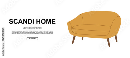 Minimal vector interior with yellow loveseat. Flat line illustration with clean background for furniture ad or product concept.