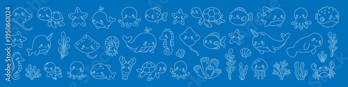Set of marine animals, corals, and plants. Cute underwater characters for design projects. White line on blue background