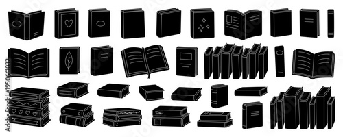 Silhouette vector set of books. Including open, closed, stacked, and decorated books