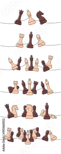 Vertical minimalist composition of chess pieces in multiple rows connected by one flowing line, modern abstract design