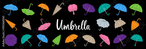 Colorful umbrella collection on black background, seamless vector pattern of open and closed umbrellas for stylish prints and decor