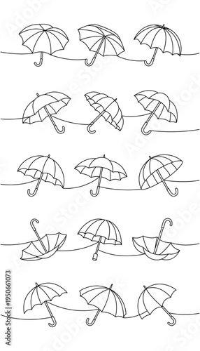 Minimalist linear outline of umbrellas in five separate wavy lines, abstract black contour illustration of rain accessories