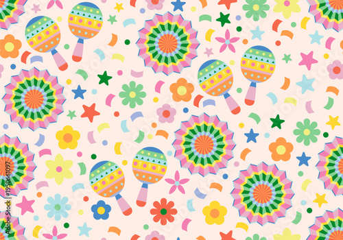 Seamless pattern with maracas on white background. Mexican traditional musical instrument. Latin music. Maraca for carnival, festival, party