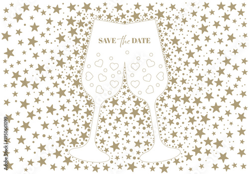 Two clinking sparkling champagne glasses. Celebration party toast. Vector wedding background for invitation