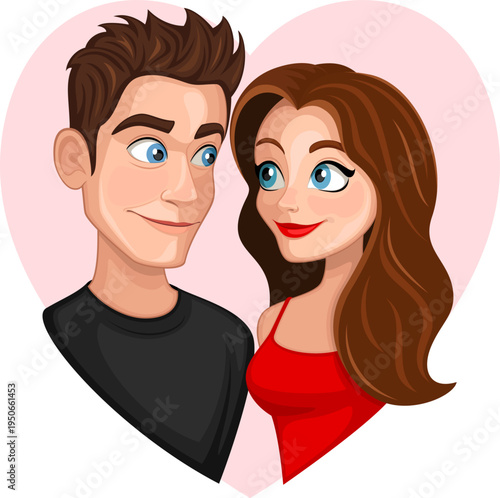 Vector illustration of a happy, smiling couple inside a pink heart-shaped background.