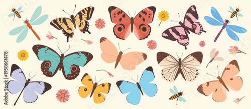 Foto Assorted Butterflies Dragonflies and Bees with Flowers