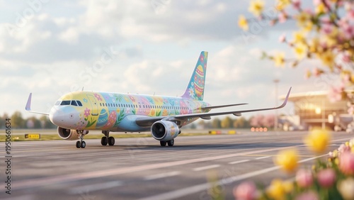 Colorful Easter-themed airplane on airport runway surrounded by cherry blossoms. Spring holiday travel concept with festive aircraft design for aviation celebrations