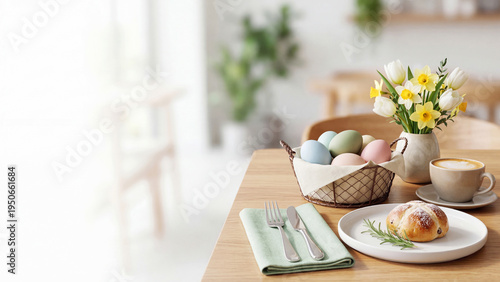 Wallpaper Mural Easter eggs in wicker basket on wooden table with tulips and daffodils. Spring holiday breakfast setup including coffee cup and fresh croissant. Cozy seasonal dining concept for celebration Torontodigital.ca