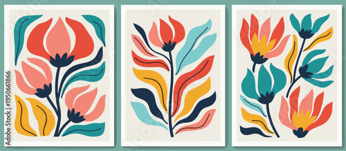 Mid Century Modern Floral Triptych Art Prints vector