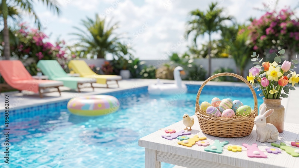 Obraz premium Easter basket filled with colorful painted eggs and bunny on wooden poolside table. Tropical backyard pool area with lounge chairs palms flowers swan floatie and inflatable ring. Spring holiday