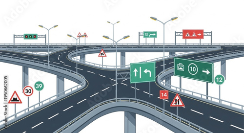 Complex highway interchange with multiple signs and traffic signals.