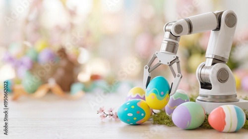 Robotic arm grasping pink easter egg amid colorful painted eggs in basket. Futuristic automation meets traditional spring holiday celebration. Modern technology in easter traditions and joyful