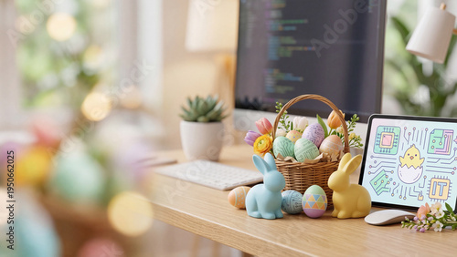 Easter basket with colorful eggs and bunny figures on office desk next to computer screen. Holiday decorations in workspace blending spring celebration with digital work environment. Home office