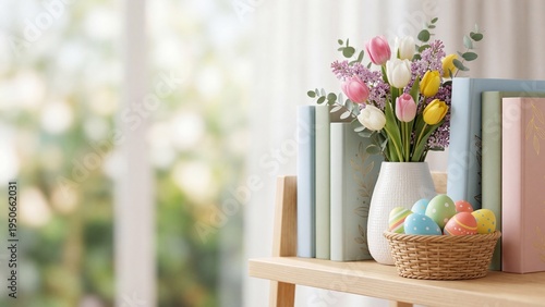 Tulips in vase and easter eggs in basket on wooden shelf with colorful books. Pastel flowers and holiday decorations for spring home interior. Easter celebration concept with natural light