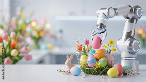 Robotic arm grasping colorful easter egg from woven basket with tulips and bunny figure on kitchen counter. Easter holiday automation blending technology and tradition. Future festive decor concept